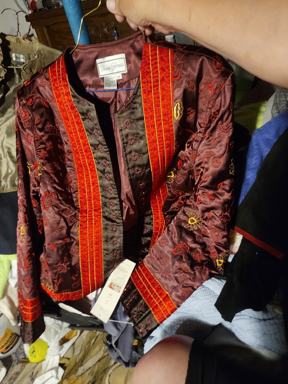 Diane Gilman Burgundy Satin Jacket with Bright Red Trim
